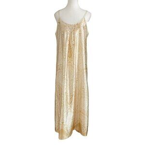 OSCAR DE LA RENTA CREAM GOLD PRINT SPAGHETTI SLEEVES SATIN MAXI SLIP SLEEPWEAR